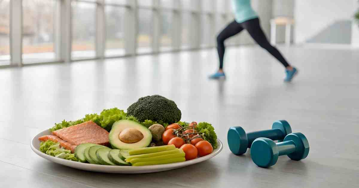 Assiette de repas équilibré avec légumes, protéines et haltères, illustrant la nutrition sportive.