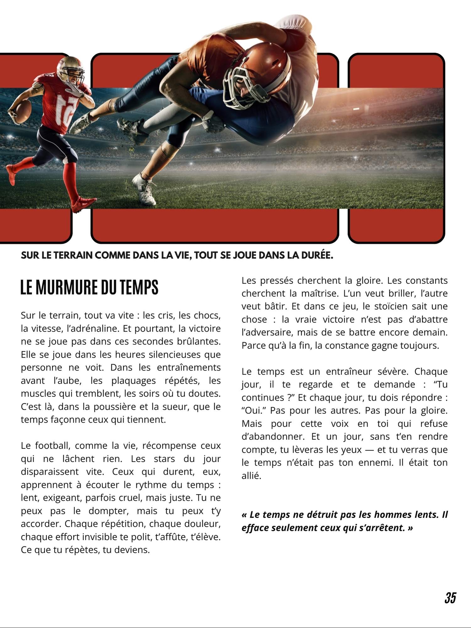 Page intérieure du magazine Sport & Stoicism sur la constance, la discipline dans la durée et le mental sportif face au temps