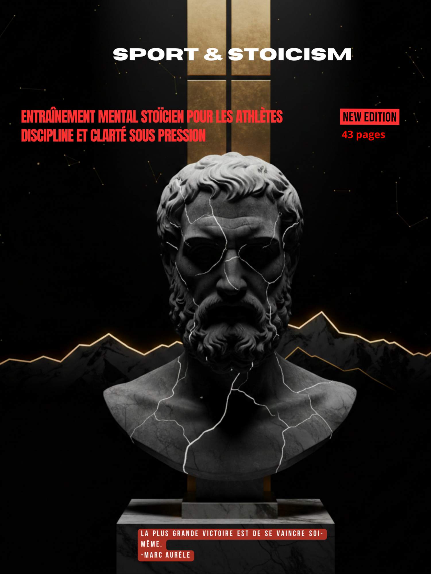 Couverture du magazine digital Sport & Stoicism, manuel mental stoïcien pour sportifs, avec buste antique et design noir rouge premium
