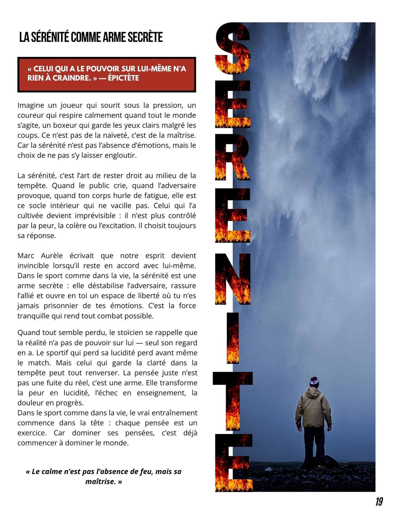 Page intérieure du magazine Sport & Stoicism sur la sérénité comme arme mentale, la maîtrise des émotions et le calme sous pression sportive
